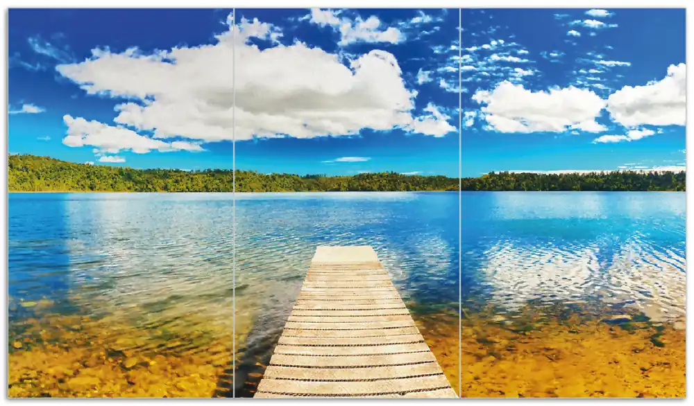 Online Kaufen Herdabdeckplatte Klarer See mit Steg - Blauer Himmel Breite 90 cm x Höhe 52 cm. 3-teilig, 13 mm hohe Noppen