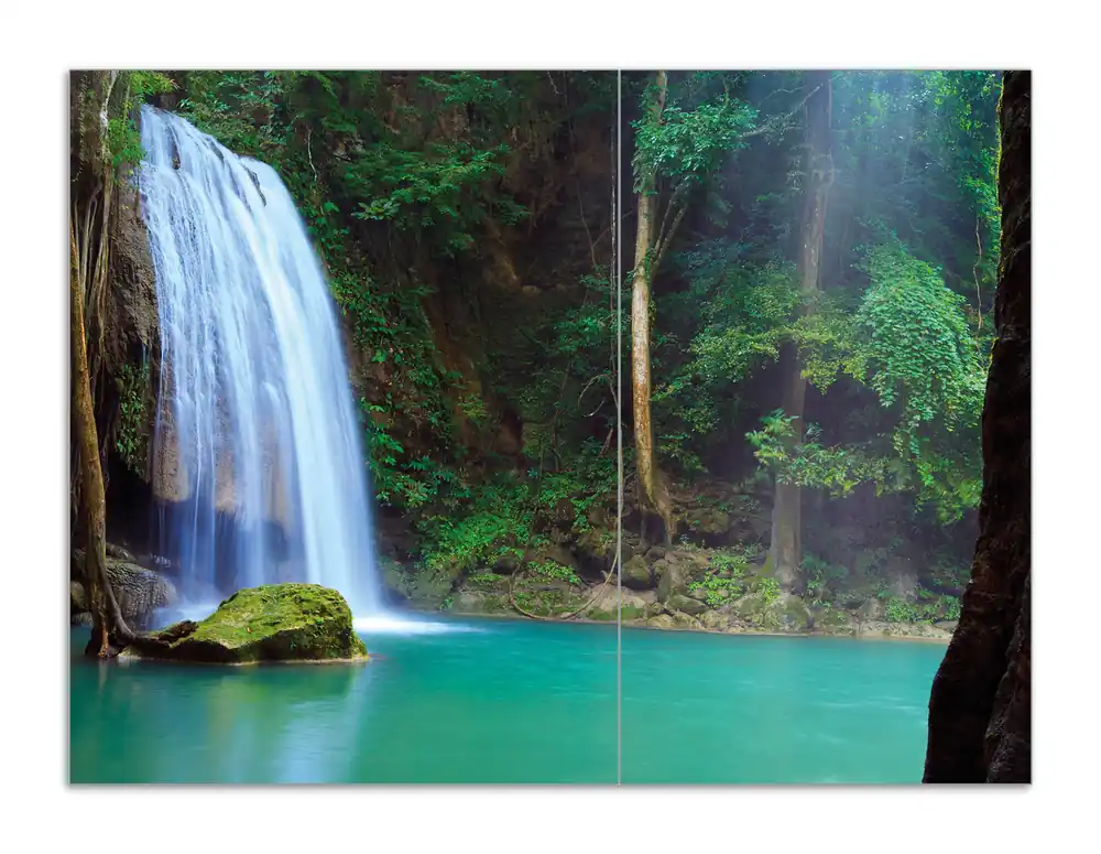 Saisonangebot Herdabdeckplatte Wasserfall im Wald am See Idylle in Thailand Breite 70 cm x Höhe 52 cm. 2-teilig, 5 mm hohe Noppen