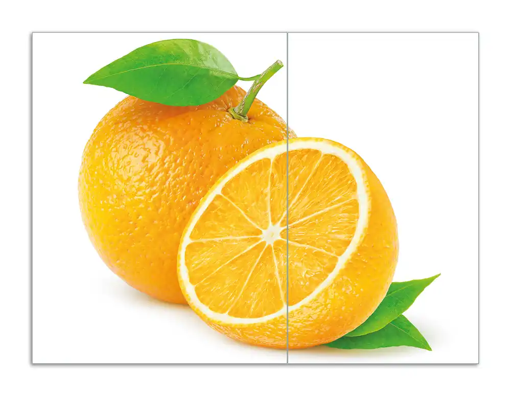Herdabdeckplatte Saftige Orangen vor weißem Hintergrund Breite 52 cm x Höhe 60 cm. 1-teilig, 13 mm hohe Noppen Wochenendangebot