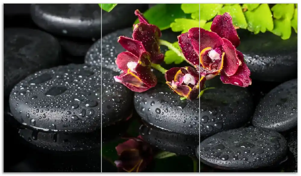 Herdabdeckplatte Dunkelrote Orchideen-Blüte auf schwarzen Steinen mit Regentropfen Breite 80 cm x Höhe 52 cm. 2-teilig, 8 mm hohe Noppen Gratis Versand