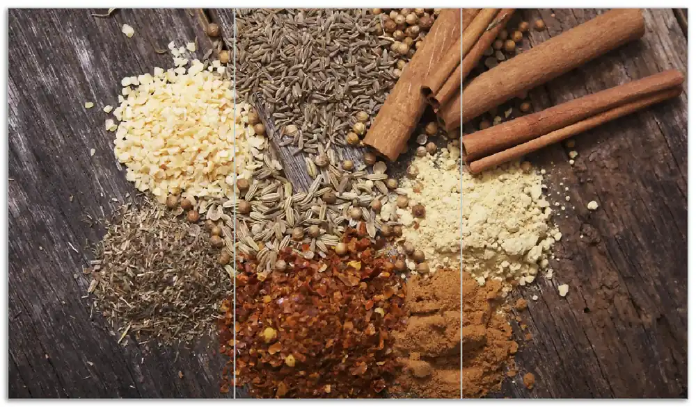 Sofort Bestellen Herdabdeckplatte Aromatische trockene Gewürze in der Küche Breite 80 cm x Höhe 52 cm. 2-teilig, 5 mm hohe Noppen