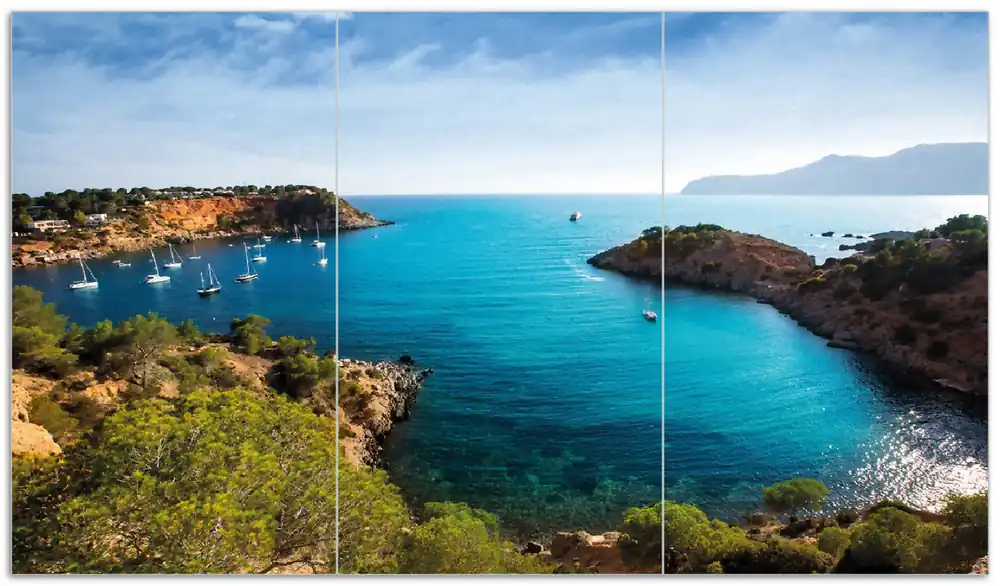 Herdabdeckplatte Ibiza - Blick von einer Bucht aufs Meer Breite 90 cm x Höhe 52 cm. 1-teilig, 8 mm hohe Noppen Direktkauf