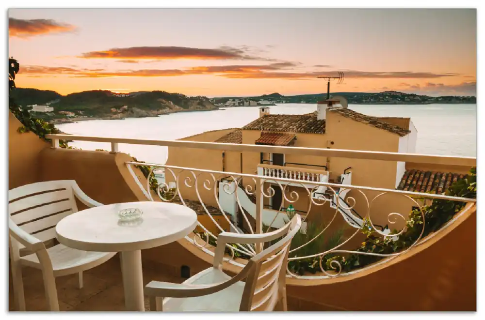 Schnäppchen Herdabdeckplatte Sommer in Spanien - Ausblick von einer schönen Terrasse auf das Meer Breite 60 cm x Höhe 52 cm. 2-teilig, 8 mm hohe Noppen