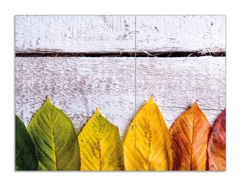Herdabdeckplatte Bunte Herbstblätter auf hellem Holz Breite 80 cm x Höhe 52 cm. 1-teilig, 8 mm hohe Noppen Günstig