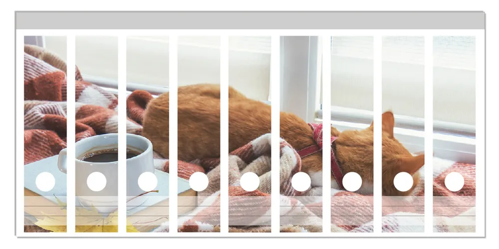 Ordnerrücken Sticker Schlafende Katze beim Kaffeekränzchen inkl. breiter Ordner, 9 Sticker Kostenfreie Lieferung