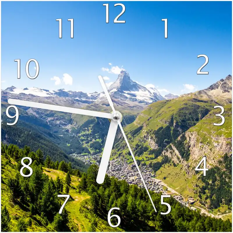 Angebot Wanduhr aus Glas Sommerliches Alpenpanorama mit weißen Zeigern, 30 x 60 cm