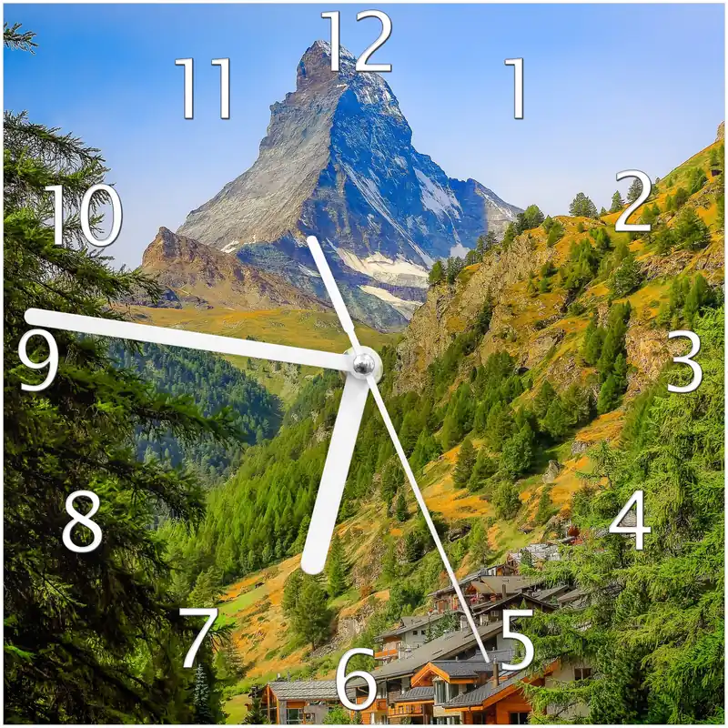 Beliebt Wanduhr aus Glas Gipfel über grünem Tal mit schwarzen Zeigern, 30 x 30 cm
