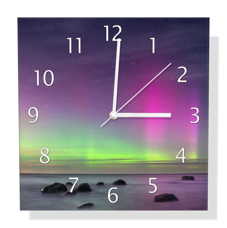 Wanduhr aus Glas Lichter über stillem Meer mit schwarzen Zeigern, 30 x 60 cm Kracherpreis