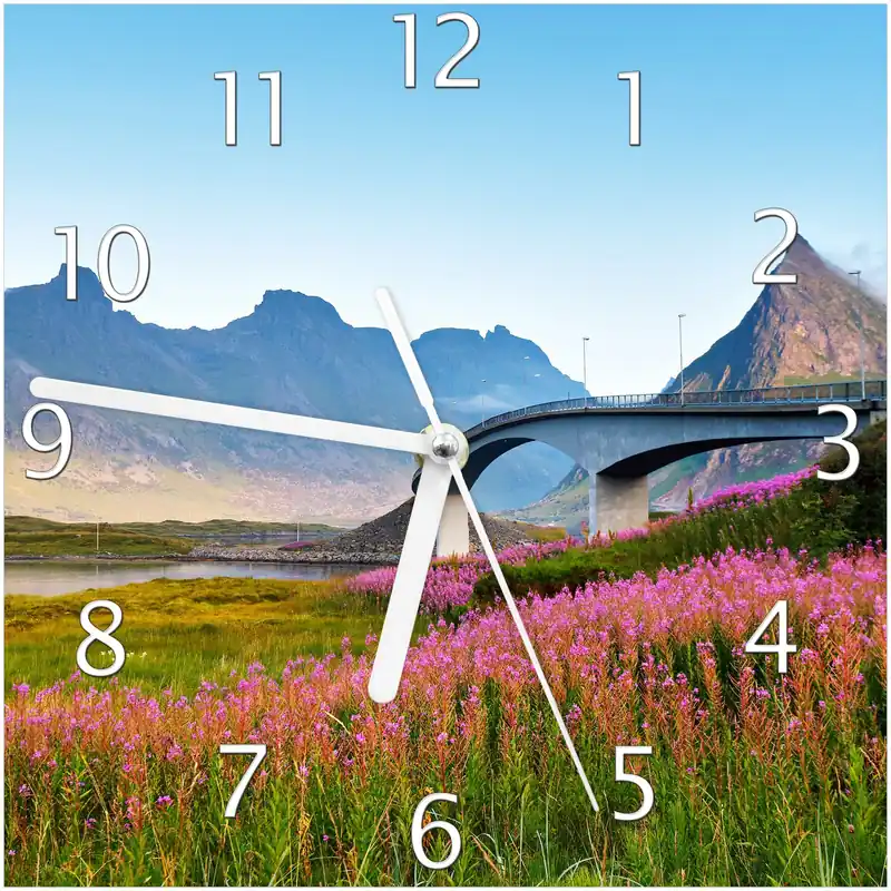 Beliebt Wanduhr aus Glas Brücke zwischen Bergen und Blütenmeer mit weißen Zeigern, 30 x 60 cm