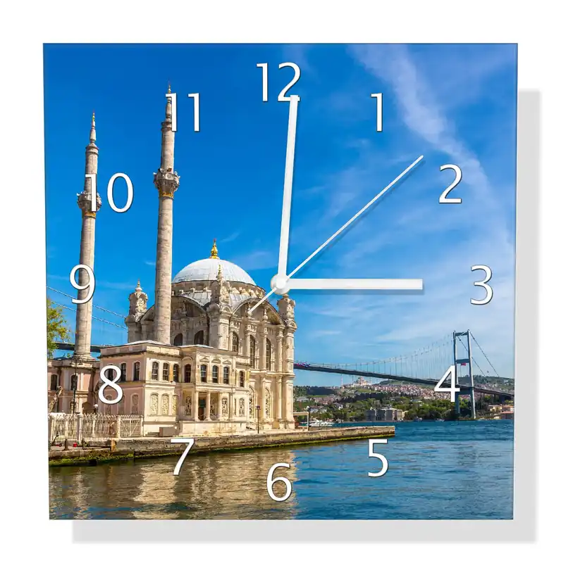 Wanduhr aus Glas Moschee am Bosporus mit schwarzen Zeigern, 30 x 30 cm Angebot