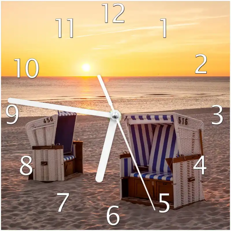 Wanduhr aus Glas Strandkörbe im Sonnenuntergang mit weißen Zeigern, 30 x 60 cm Expressversand