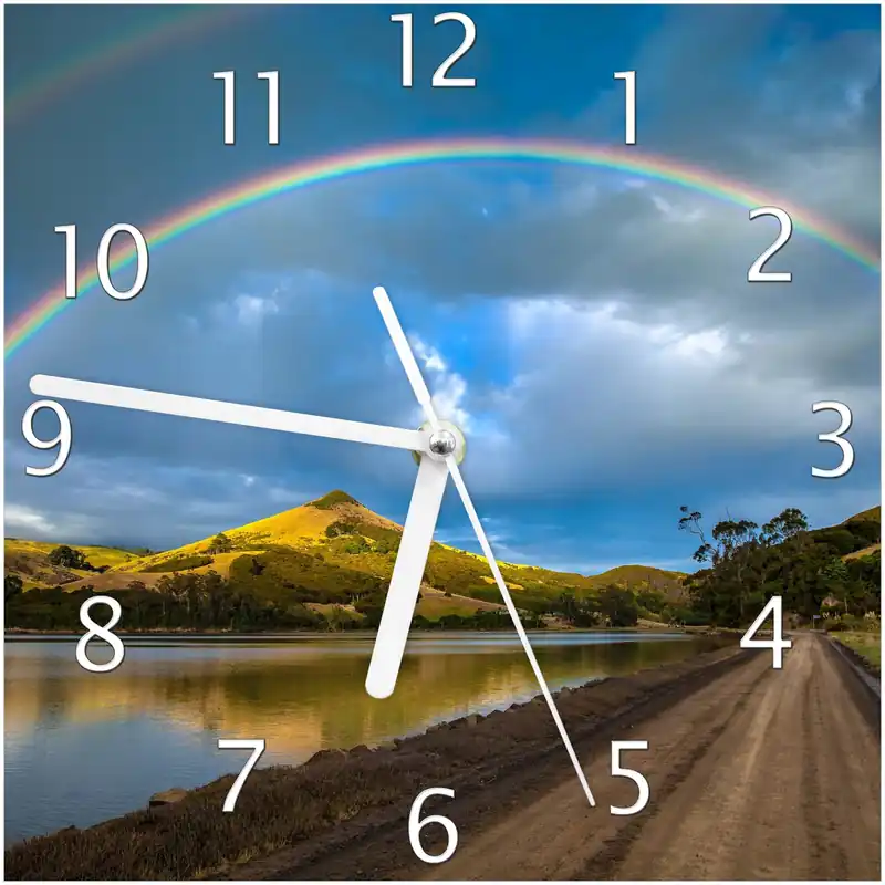 Wanduhr aus Glas Regenbogen über Hügel mit weißen Zeigern, 30 x 60 cm Neue Ware