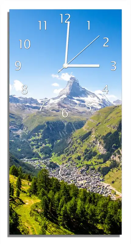 Wochenendangebot Wanduhr aus Acryl Sommerliches Alpenpanorama 30 x 60 cm, mit weißen Zeigern