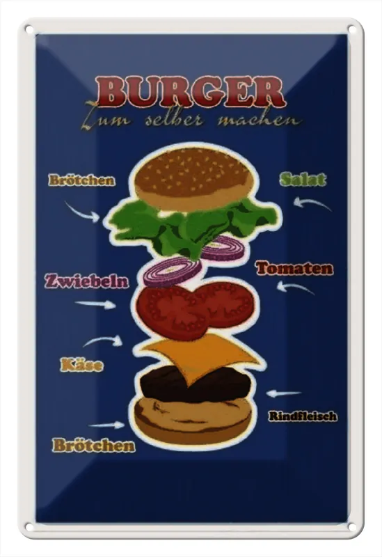 Neuheit Metallbild Blechschild Rezept 20x30cm Burger zum selber machen 20 x 30 cm