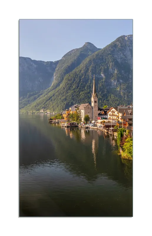Herdabdeckplatte Malerisches Dorf an Bergsee Breite 30 cm x Höhe 52 cm. 1-teilig, 13 mm hohe Noppen Schnäppchen