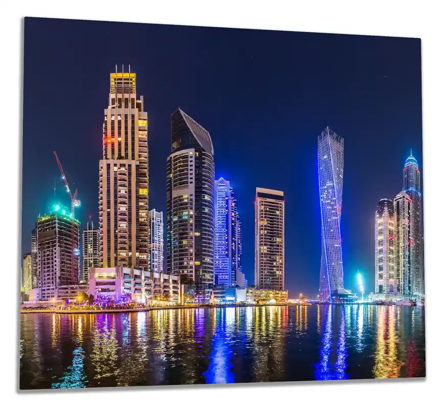 Herdabdeckplatte Skyline am nächtlichen Hafen Breite 70 cm x Höhe 52 cm. 2-teilig, 8 mm hohe Noppen Günstig