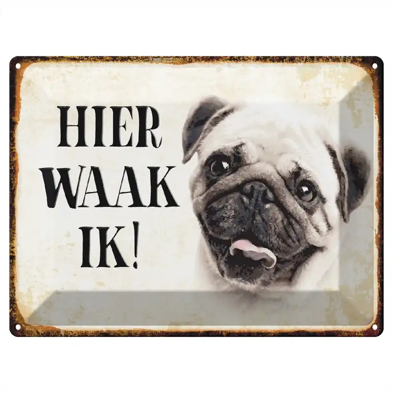 Saisonangebot Metallbild Blechschild Spruch 40x30cm holländisch Hier Waak ik Mops Deko 30 x 40 cm