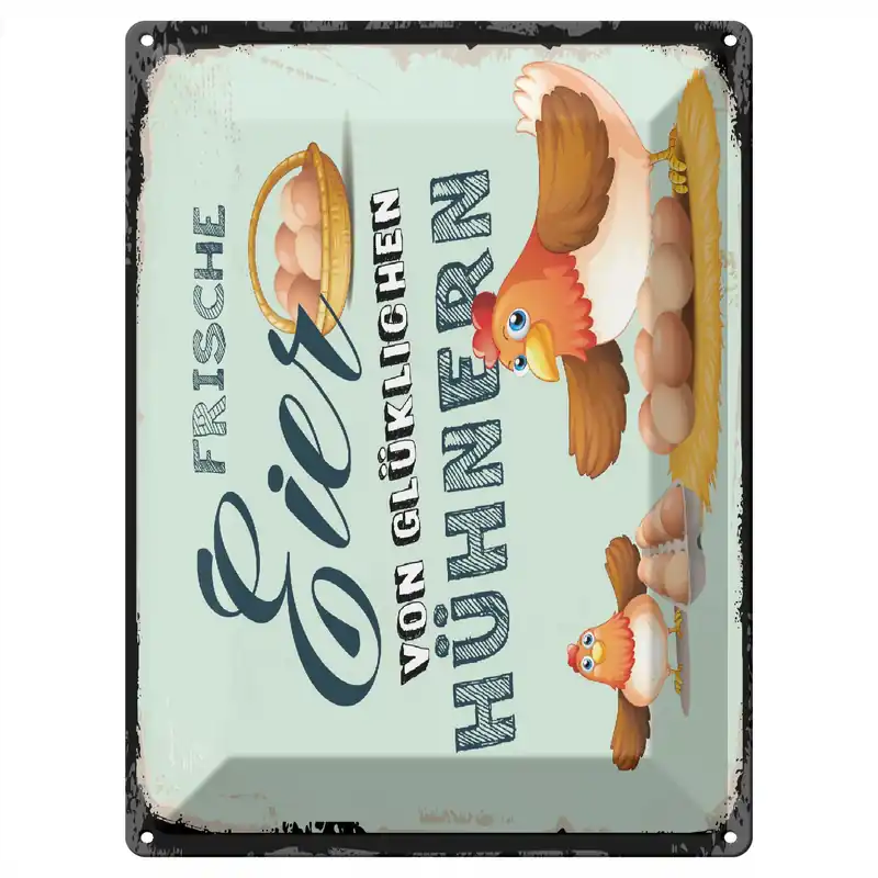 Saisonangebot Metallbild Blechschild Hinweis 30x40cm Frische Eier von glücklichen Hühnern 30 x 40 cm