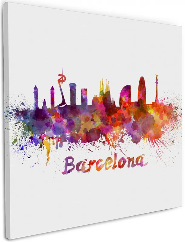 Schneller Versand Leinwandbild Städte als Aquarell - Skyline von Barcelona 50 x 125 cm