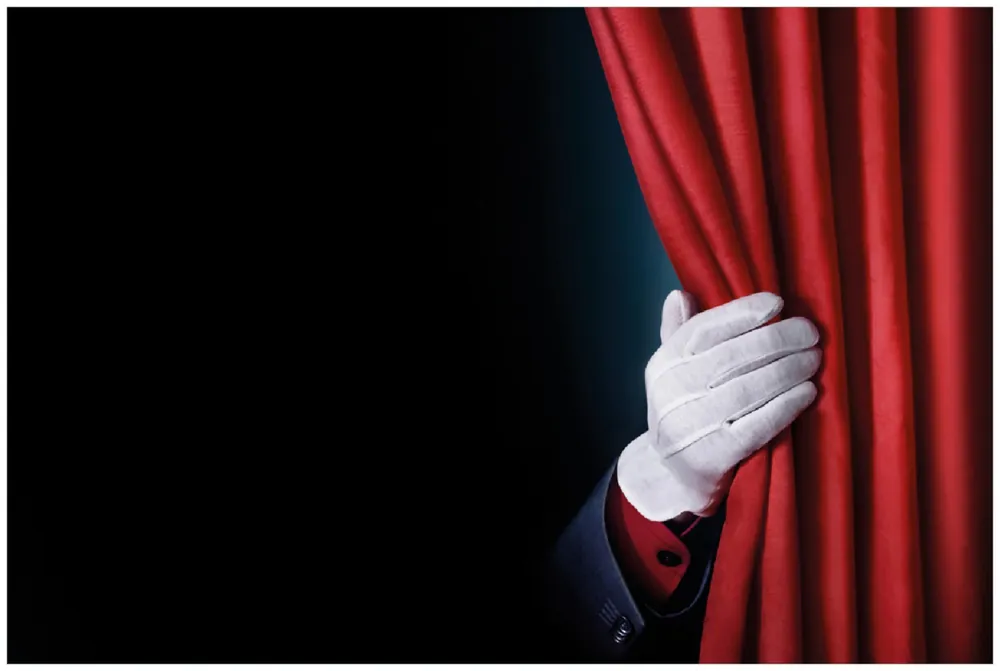 Poster Vorhang auf für die Show Hand hinterm roten Vorhang 70 x 100 cm Top-Angebot