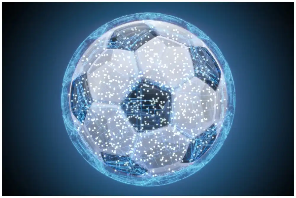 Günstig Poster Fußball digital - Netzwerk in blau 70 x 100 cm, mit weißem Aluminumrahmen