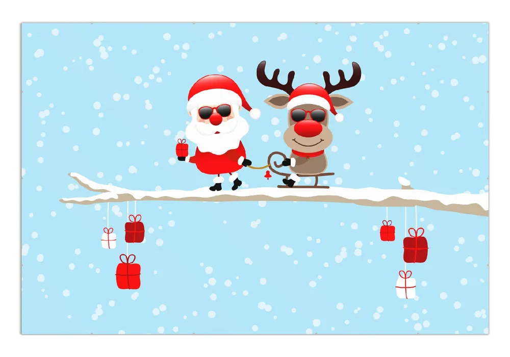 Poster Cooler Weihnachtsmann mit Rentier auf einem Ast 61 x 91,5 cm, mit rahmenlosem Bildhalter Highlight
