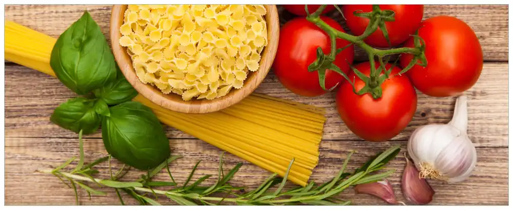 Poster Spaghetti mit Tomaten, Knoblauch und Basilikum 100 x 150 cm Mega-Angebot