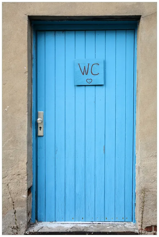 Neue Ware Poster Blaue Tür einer Toilette in einer verlassenen Fabrik in Magdeburg 61 x 91,5 cm