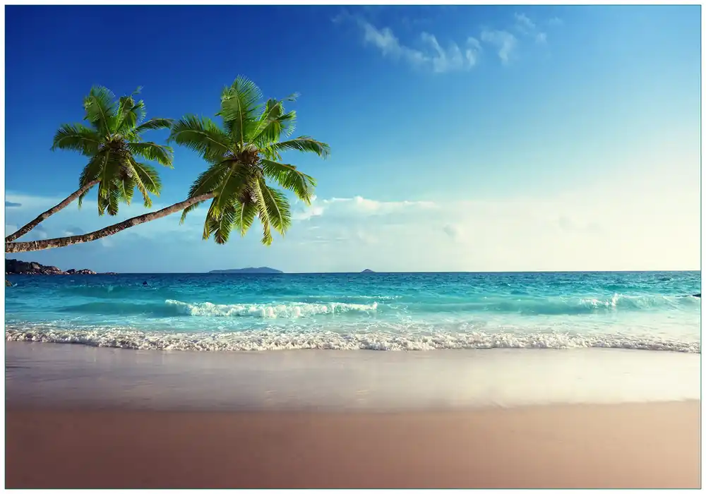 Vliestapete Sandstrand auf den Seychellen - Urlaub unter Palmen 200 x 140 cm Echt