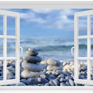 Zertifiziert Acrylglasbild Steinstapel am Strand 60 x 90 cm mit Fensterrahmen