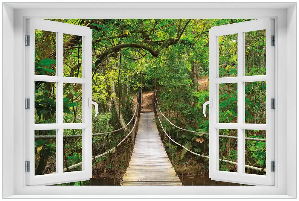 Geprüft Acrylglasbild Hängebrücke im Urwald grüner Dschungel 60 x 90 cm mit Fensterrahmen