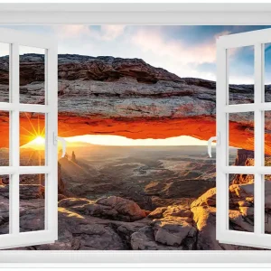 Zertifiziert Acrylglasbild Sonnenstrahl am Horizont  Leuchtende Felsspalte 60 x 90 cm mit Fensterrahmen