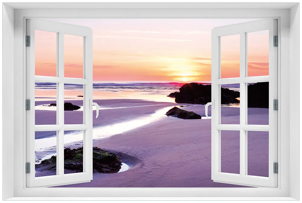 Acrylglasbild Sonnenuntergang am einsamen Strand 60 x 90 cm mit Fensterrahmen Online Kaufen