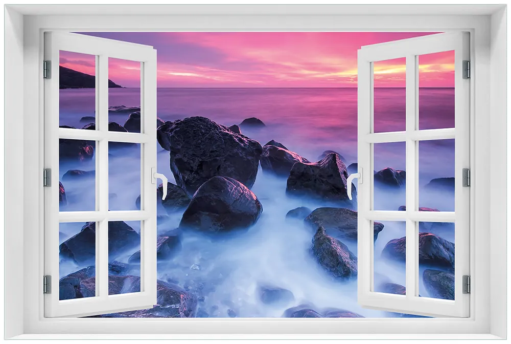 Acrylglasbild Felsen im Meer bei Sonnenuntergang 60 x 90 cm mit Fensterrahmen Expressversand