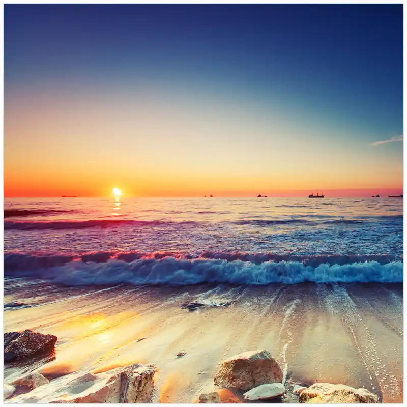 Schneller Versand Glasunterlage Sonnenuntergang am Meer mit Wellen am Strand 55 x 55 cm
