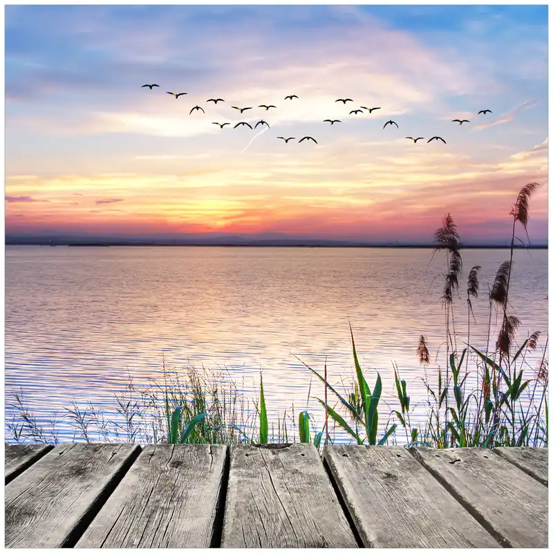 Glasunterlage Seepanorama mit Schilf und fliegenden Vögeln 55 x 55 cm Neu