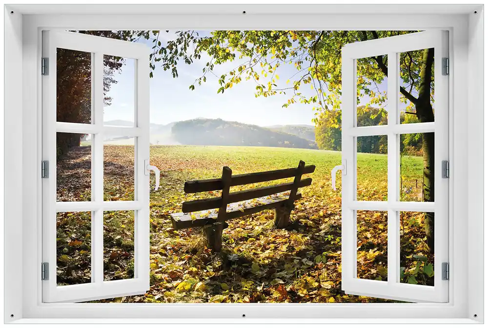 Gartenposter Idyllische Holzbank in den Bergen ca. 60 x 90 cm Angebot