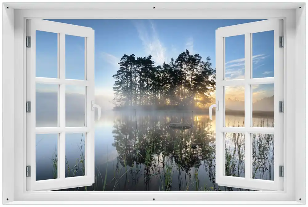 Gartenposter Stiller See mit Insel im Morgennebel ca. 60 x 90 cm Kostenloser Rückversand
