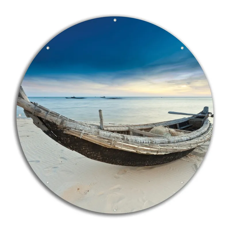 Günstig Gartenposter Fischerboot am Strand mit Sonnenuntergang Rund. 30 cm Durchmesser