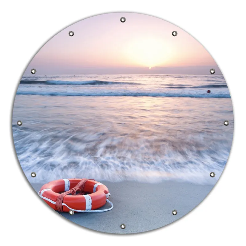 Gartenposter Rettungsring am Strand bei Sonnenuntergang Rund. 120 cm Durchmesser Angebot