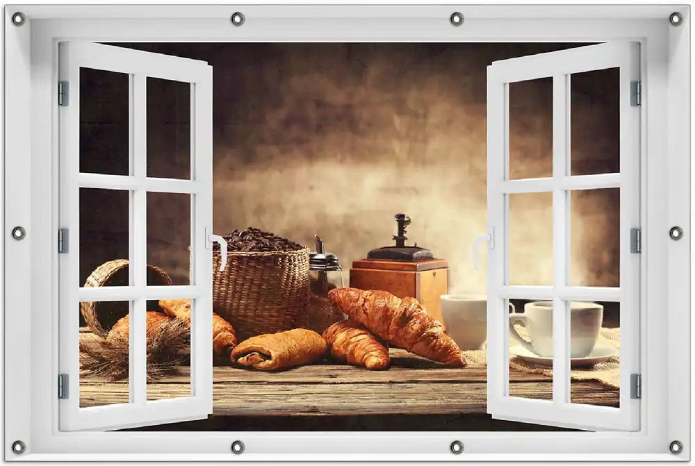 Gartenposter Französisches Frühstück mit Café und Croissants 80 x 120 cm Neu