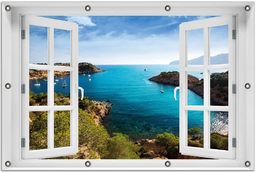 Top-Preis Gartenposter Ibiza - Blick von einer Bucht aufs Meer ca. 60 x 90 cm