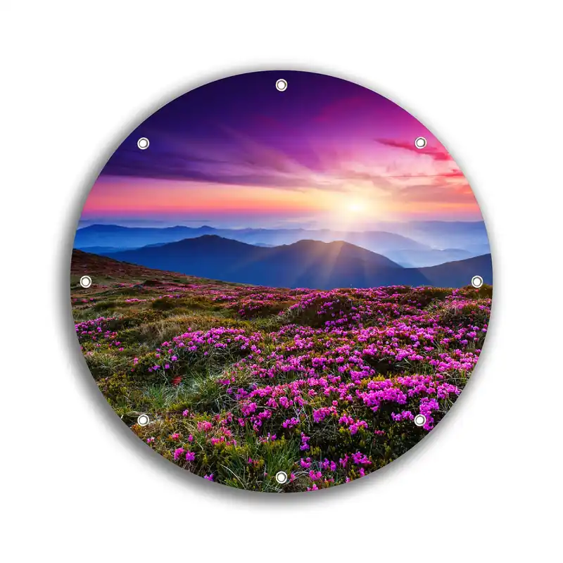 Aktuell Gartenposter Blumenbedeckte Wiese bei Sonnenuntergang Rund. 90 cm Durchmesser