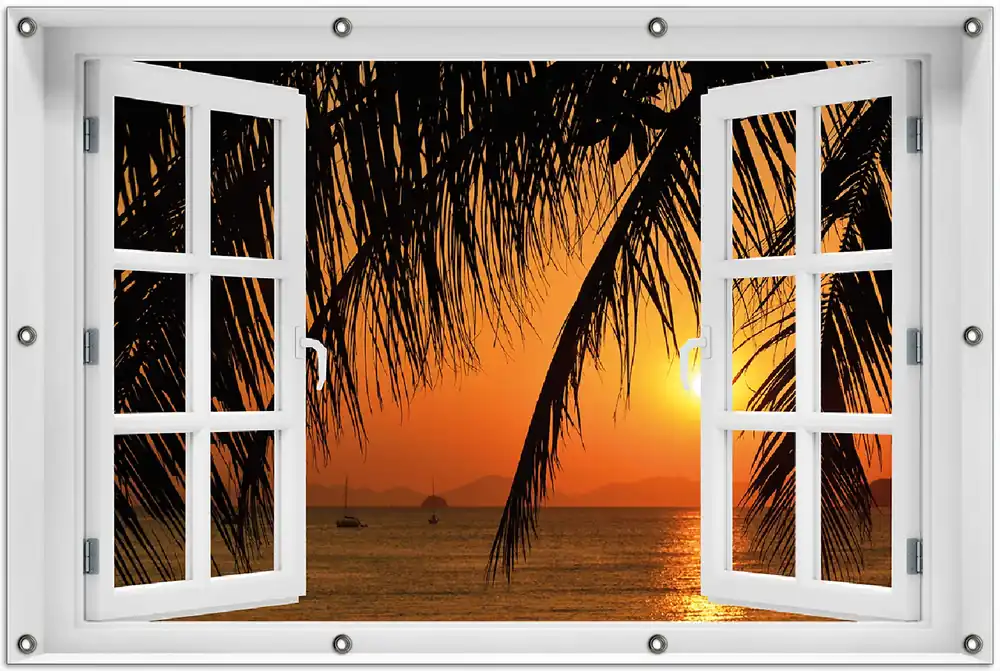 Nur Heute Gartenposter Sonnenuntergang unter Palmenblättern 100 x 150 cm