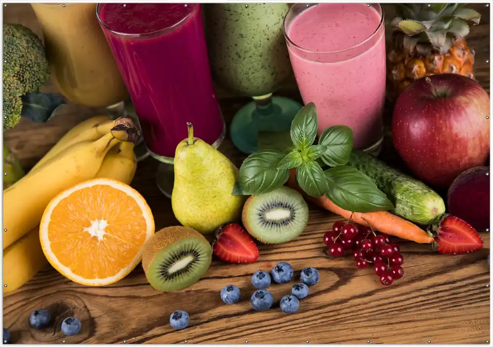 Beliebt Gartenposter Bunte Smoothies mit Obst in der Küche 400 x 280 cm