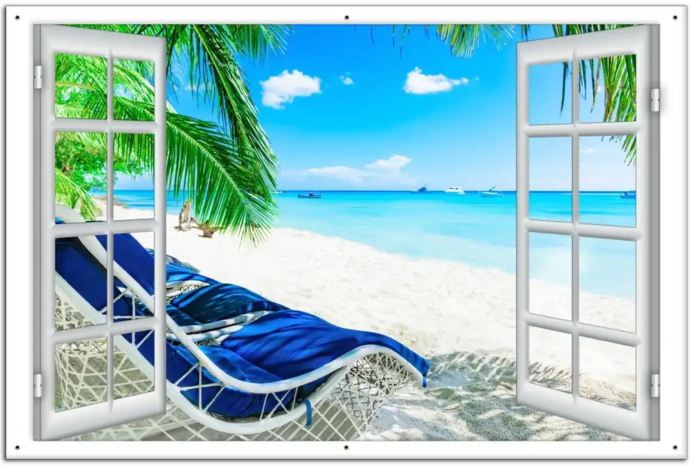 Gartenposter Blick durch ein Fenster auf den Strand 120 x 180 cm Kracherpreis