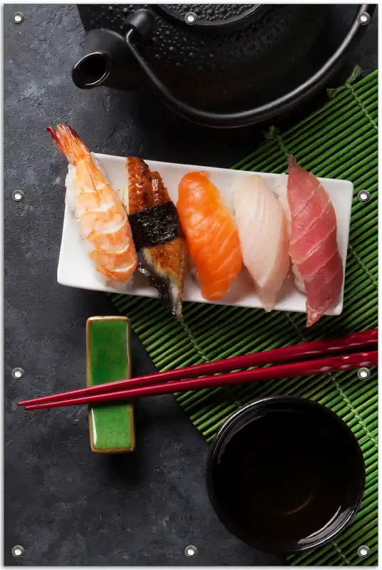 Gratis Versand Gartenposter Sushimenu auf Schiefer - Nigiri mit grünem Tee ca. 60 x 90 cm