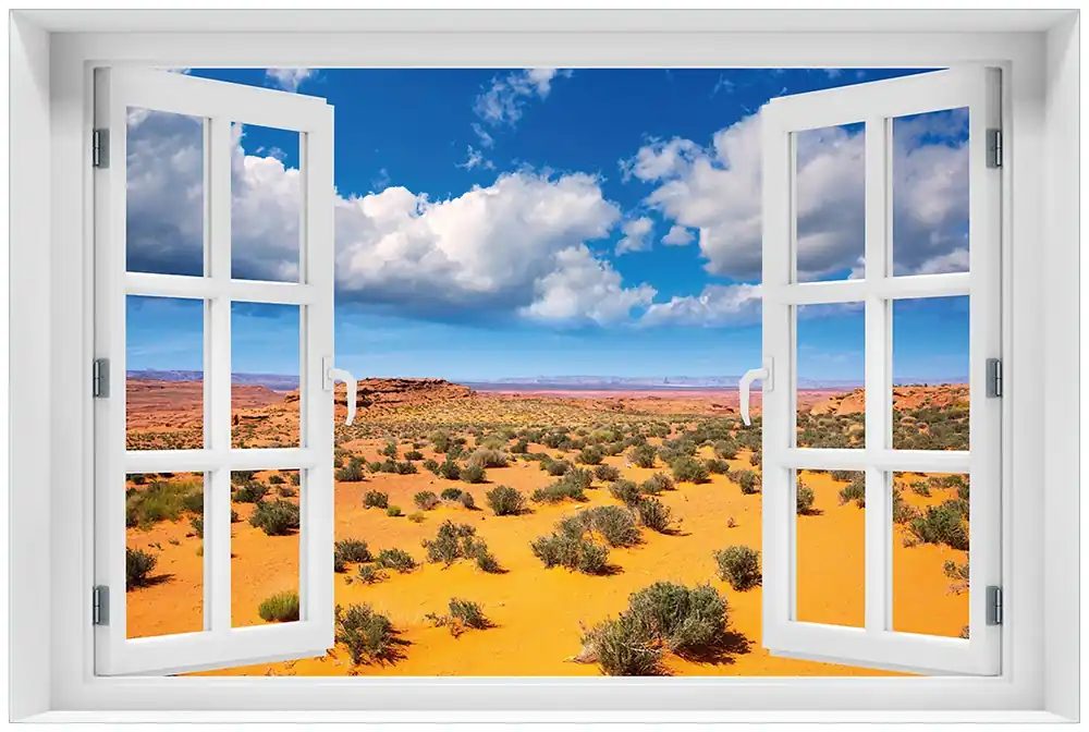 Glasbild Wüste in Arizona - blauer Himmel mit Wolken I 60 x 90 cm mit Fensterrahmen Preiswert