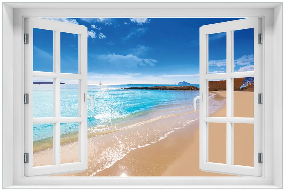 Glasbild Traumstrand unter blauem Himmel 60 x 90 cm mit Fensterrahmen Preis Gesenkt