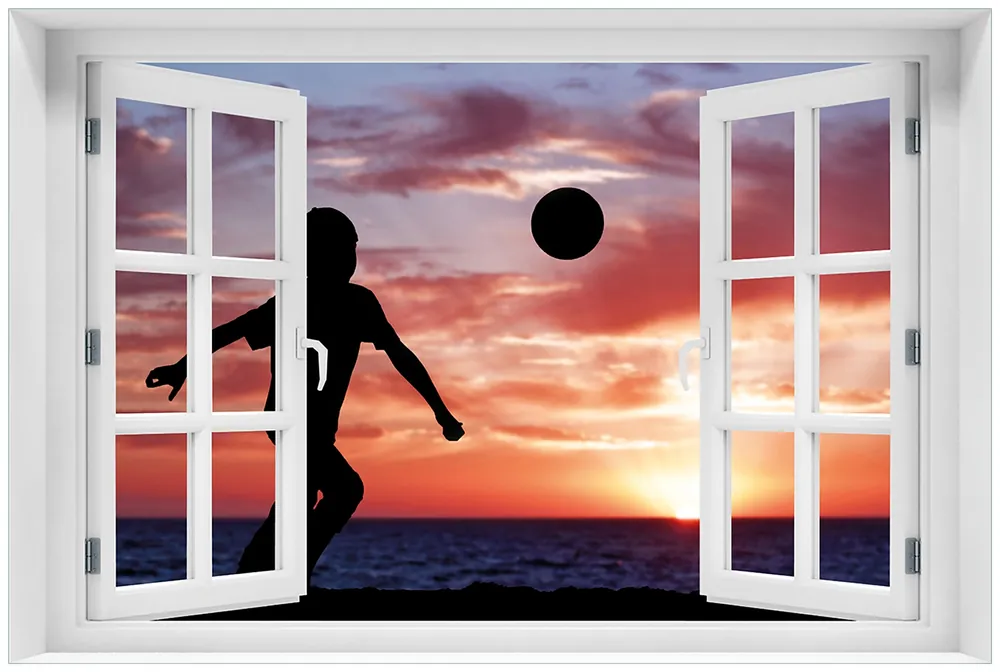 Glasbild Fußball - Kleiner Junge spielt im Abendrot 60 x 90 cm mit Fensterrahmen Expressversand